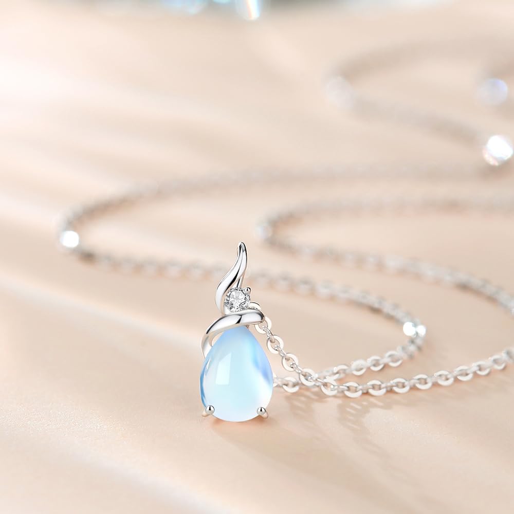 FANCIME Solide 14 Karat 585 Weiß Gold Tropfen Anhänger mit 925 Sterling Silber Kette Halskette mit Edelstein und echt Diamant Schmuck für Damen mit Geschenk Box - Kettenlänge: 40 + 5 cm
