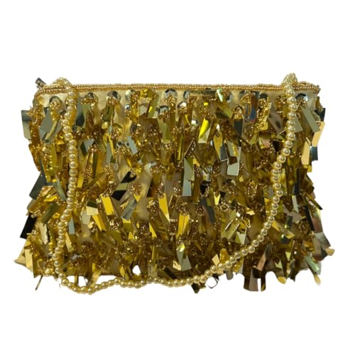 Bolsa Feminina Clutch Contas Brilhosas Festa Balada Noite (Dourado, Pequeno)