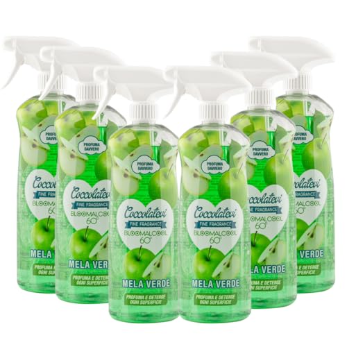 COCCOLATEVI Bloomalcool 60° 750 ml, Detergente Multiuso Profumato, Deterge e Profuma, Ideale per Cucina, Bagno e Superfici Dure, Senza Risciacquo (750 ml (confezione da 6), Mela Verde)