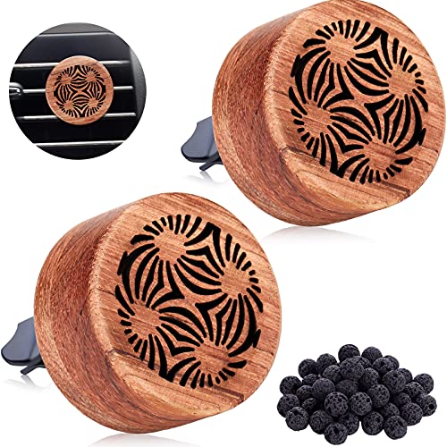 2 Pieces Essential Oil Car Diffuser Wooden Flower Car Diffuser Locket Mini Portable Car Aromatherapy Diffuser Vent Clip with Lava Stones for Car (Delicate Style)