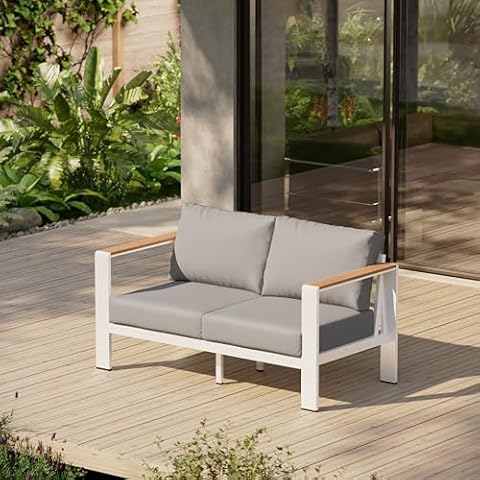 Oasbira Aluminum Outdoor Patio Furniture Loveseat, All-Weather Outdoor Patio Sofa with Washable Thick Cushion, Patio Sofa Couch for Porch, Balcony, Deck, Yard, White Cover