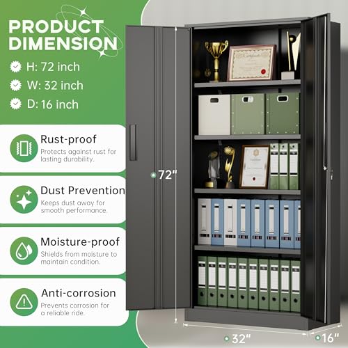 Image of INTERGREAT Metal Storage Cabinet with Lock, 72 inch H Lockable Metal Storage Cabinet with Locking Doors, Steel Storage Lockers with Adjustable Shelves for Office, Home, Garage, Gym, School (Black)