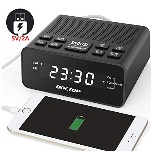 Digital Alarm Clock Radio with USB Charger, 0.6” Digits Dimmer LED Display, FM