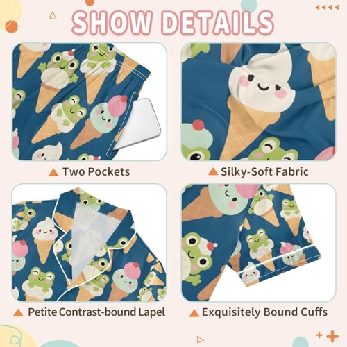 senya Ice Cream Frog Satin Summer Pajama Sets Silk Short Sleeve Button Down Sleepwear3