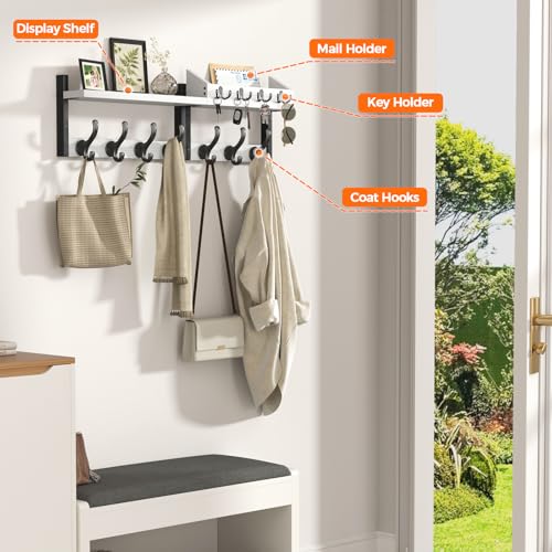 Image of Evermagin 29 inch Coat Rack Wall Mount with Shelf, 4 in 1 Coat and Key Hanger with 11 Metal Hooks, Entryway Wall Mounted Shelf with Mail Holder for Living Room, Bedroom, White