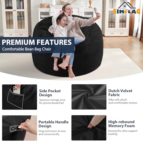 3FT Bean Bag Chair, Comfy Bean Bag Chairs with Memory Foam Filled, Fluffy Beanbag Sofa with Dutch Velvet Cover, Round BeanBag Chairs for Living Room, Playroom - Black