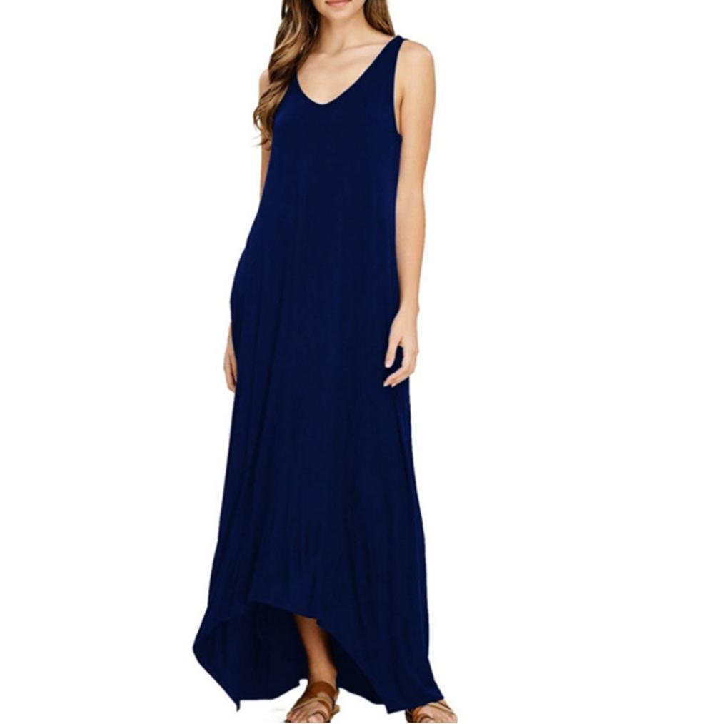 BCDshop Womens Casual Party Beach Pocket Long Maxi Dress Solid Color Sleeveless Tank Dress