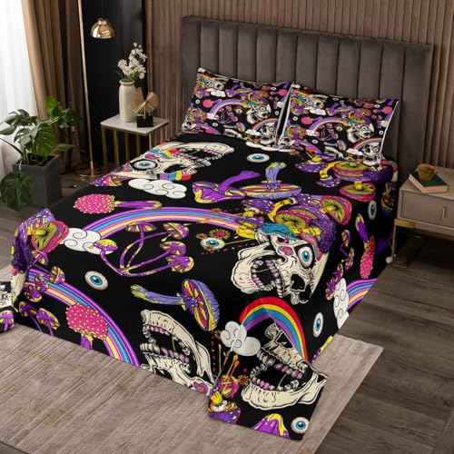 Skull Skeleton Coverlet Set Chic Watercolor Rainbow Mushroom Quilted Coverlet 70s Groovy Hippie Comforter Set Bedspreads Quilt Set for Children Kids Coverlet Set,Twin Size 2 Pcs