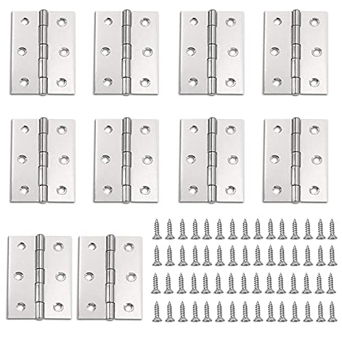 Door Hinges 10 Pcs, Stainless Steel Folding Butt Hinge Silver Home Furniture Hardware Door Hinge with Stainless Steel Screws for Window, Cabinet (10PCS 2.5IN)