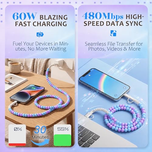 Image of 4-in-1 Beaded Charging Cable, MFi Certified, Works with CarPlay, 3.3FT 60W Fast Charger Cord for iPhone 17 /16 /15 /14 /13 /12 /11, iPad, Samsung, Android and More (Lavender Sky)