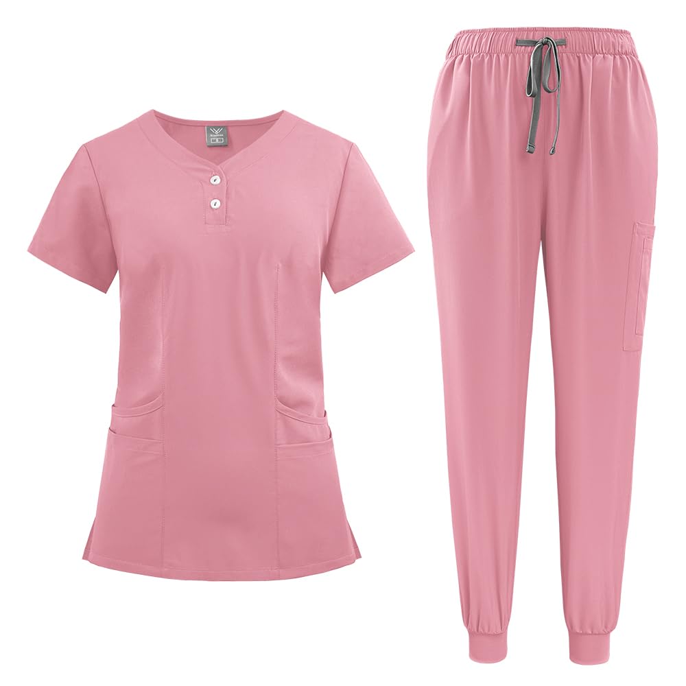 VIAOLI Women's Scrubs Set-Stretchy V-Neck Top and Drawstring Jogger Scrub Pant,Nursing Uniforms and 10 Colors (Pink,M)