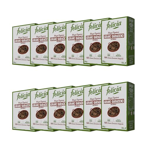 Felicia, Mezzi Rigatoni di Grano Saraceno Integrale, Ricca di Magnesio, Ricca di Manganese, Fornte di Fibre, Senza Glutine, Bio, Vegan, Gusto Deciso, Box da 12 Confezioni
