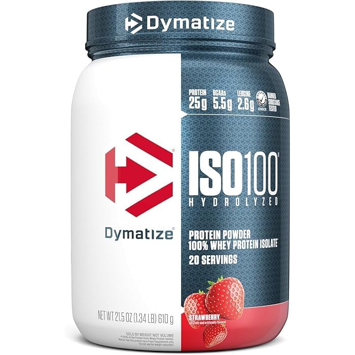 Image of Dymatize Nutrition ISO100 Whey Protein Powder Isolate, Strawberry, 25G of Protein, 20 Servings, 5.5G BCAAs, Less Than 120 Cal., Gluten Free, 1G Fat, 1G Sugar, 2G Carb