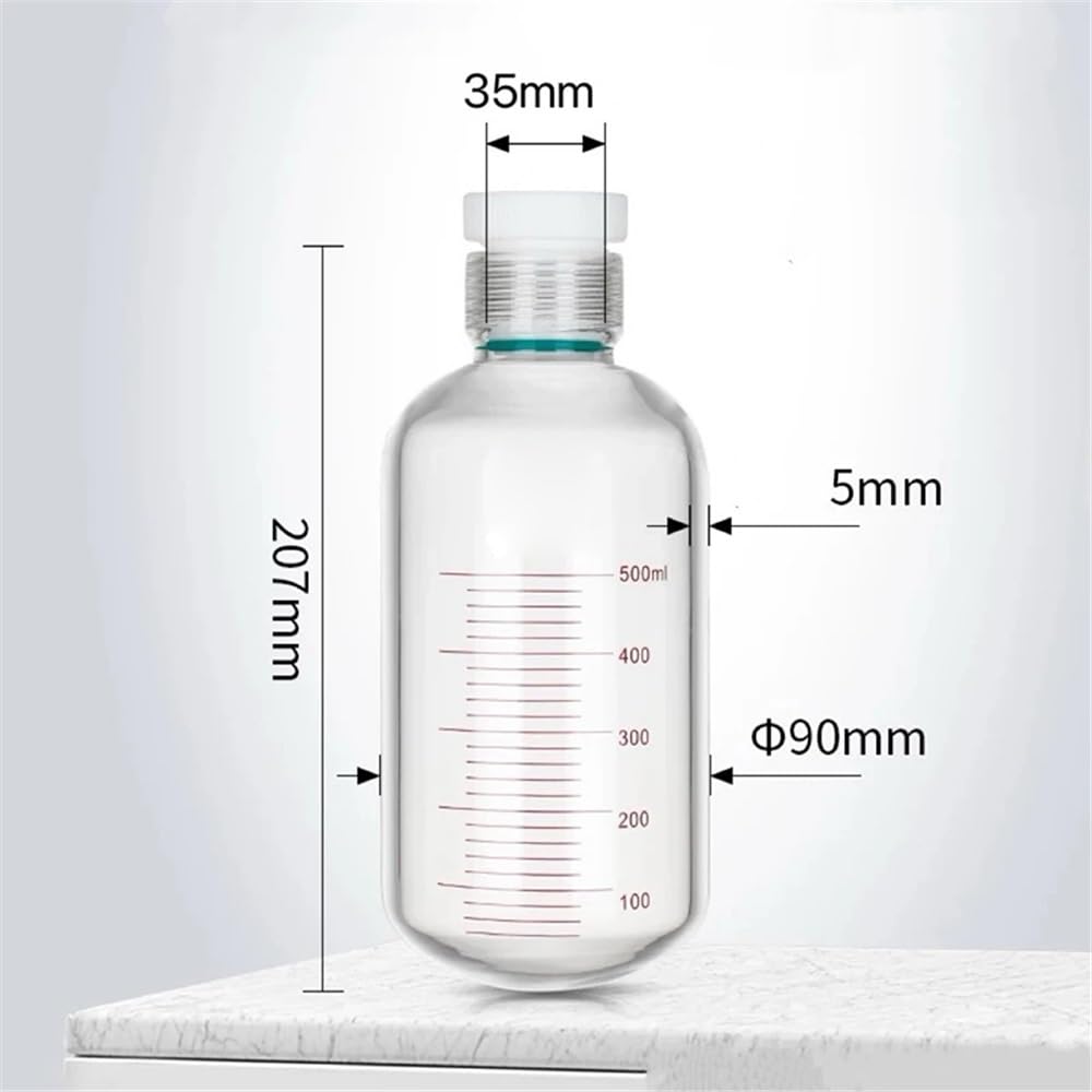 Equipos y suministros de laboratorio Botella de presión pared gruesa 500 ml, diámetro exterior 90 mm, rosca hembra 35, con tapón PTFE, fondo redondo