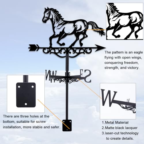 INFUNLY Pferde-Wetterfahne Aus Metall, Schwarze Pferde-Wetterfahne, Pferde-Windfahne, Reines Handgefertigtes Pferde-Eisen-Wegweiser, Dach, Garten, Outdoor, Bauernhaus-Dekoration, 13.78X10.63/35 cm X