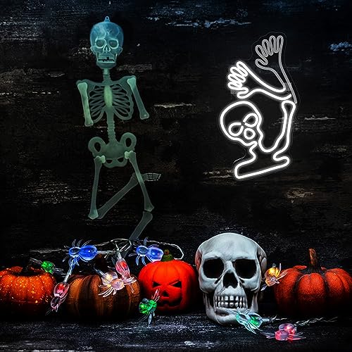 Image of WLHOPE Skull Neon Signs - White LED Skeleton Skull Signs for Wall Decor, Halloween Decor, USB Waving Ghost Neon Light Up Signs for Bedroom, Kid's Room, Bar, Club, Shops, Party Decoration