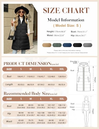 CMTOP Lange Steppweste Damen Leichte Weste mit Kapuze Warme Lässiges Übergangsweste Ärmellos Winterjacke mit Reissverschluss Taschen Lose Outdoorjacke für Wandern Camping(Schwarz, M)