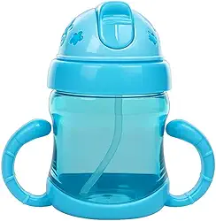 Garrafa de Treinamento Infantil 220ml com Canudo Retrátil – Antivazamento, Alças Laterais, Plástico Azul