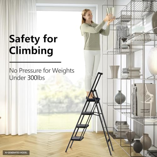 Image of SOLADDER 4 Step Ladder, Folding Step Stool, Lightweight Stepladder, Black | Reach 8ft;Anti-Slip 7.9'' Wide Pedal;Portable Handrail;Space-Saving;For Kitchen, Home, Library, Office Use;300lbs Capacity