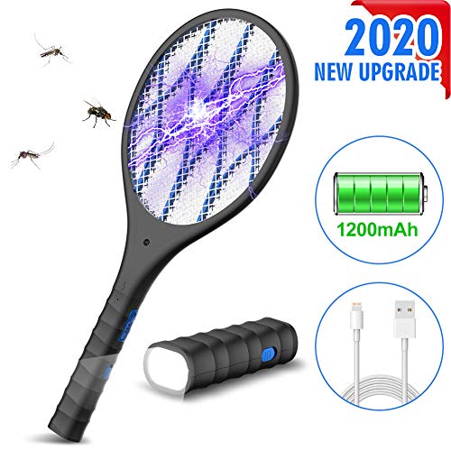 Nobebird Eléctrico Mosquito Mosca Loco Matamoscas Zapper, Raqueta Eléctrica Plagas Insectos Asesino Repelente, USB Recargable, Iluminación LED y Tres Capas de protección de Malla