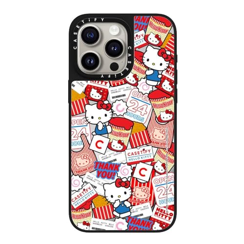 CASETiFY MagSafe �Ή��~���[ iPhone 15 Pro Max �P�[�X [���ː� / 1.5m����̗����������N���A / Hello Kitty Co-Lab] - �V���o�[ (�u���b�N�o���p�[) - Hello Kitty Sticke