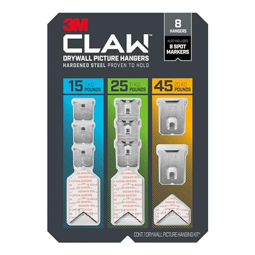 3M CLAW 15, 25 and 45 lb. Drywall Picture Hanger Variety Pack With Spot Markers, Heavyweight Hanging Solution for Room Decor and Office Decor, Including Mirrors or Large Art – 8 Pack
