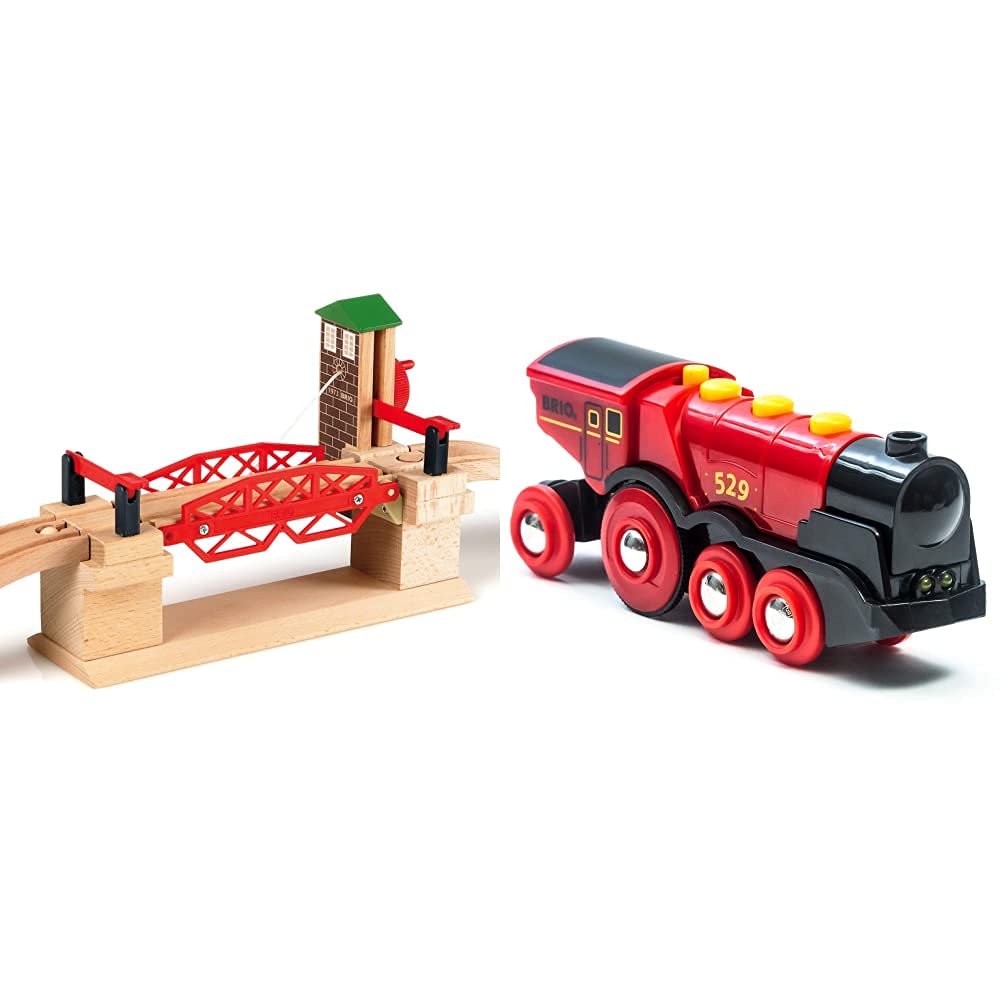 BRIO 33757 Ponte Levatoio, Accessorio, età Raccomandata 3+ & 33592 Grande Locomotiva Rossa A Batterie, Treni-Vagoni-Veicoli, età Raccomandata 3+