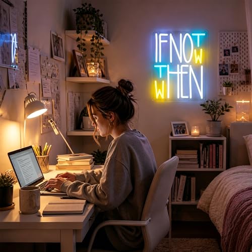 Image of Yellow & White & Blue Neon Sign for Wall Decor Dimmable Led Light Sign Neon Light for Room Party Home Wall Decor USB Powered - If Not Now Then When