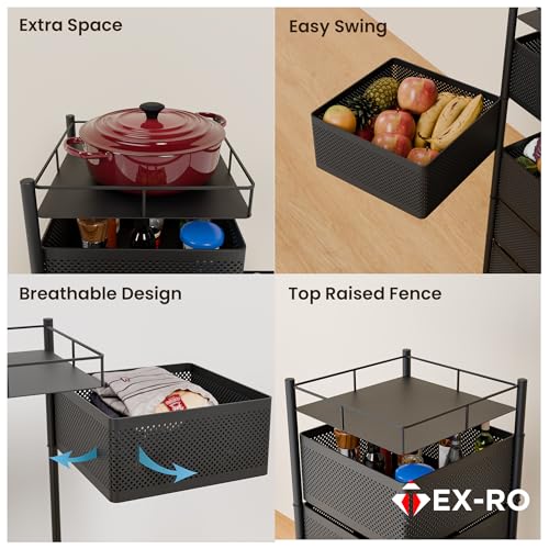 Image of TEX-RO Kitchen Trolley with Wheels | 2-Layer Metal Vegetable Basket Stand & Kitchen Storage Rack | Multipurpose Kitchen Organizer for Onion Potato Storage (Black)