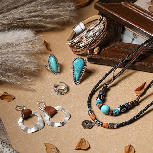 Image of Ecally Bohemian Western Jewelry Turquoise Set Women Country Pendant Long Choker Layered Bracelets Earrings Ring for Women