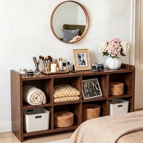 Image of 8 Cube Low Storage Organizer, 63 inch Long Horizontal Bookshelf, Walnut