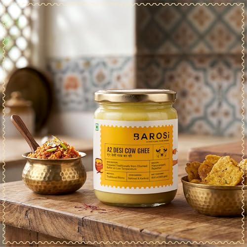 Image of BAROSI A2 Desi Cow Ghee 500ML | Traditional Bilona Method | Curd Churned Danedar Ghee | Lab Tested | Grass-Fed Desi Cow | Pure, Natural, Aromatic | Shudh Cow Ghee | Glass Jar (500ml) (Pack of 3)