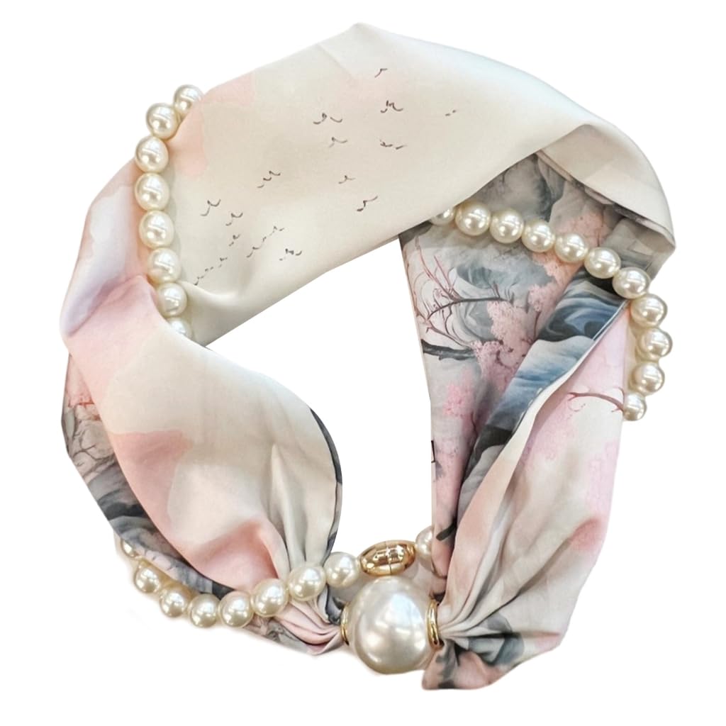 QUEENYARD Women Scarf, Magnetic Clasp Pearls Chain Necklace Floral Satins Scarf Elegant Silk Skinny Narrow Neckerchief for Fashionable Women