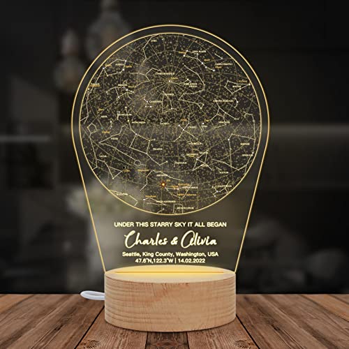 Carte Des Étoiles Personnalisée-Carte Des Étoiles De La Constellation Personnalisable Pour Une Date Spécifique,Plaque d'Art En Verre Du Ciel Nocturne Personnalisée Avec Ronde Veilleuse Led Cover