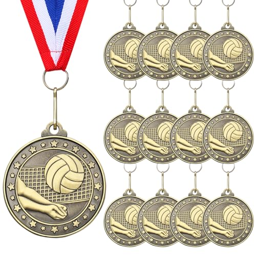 Remuuly 12 Pcs 2 Gold Award Medals with Neck Ribbons Metal Champion Trophy Medal for Baseball Softball Soccer Volleyball Football Sports Games Events Party Prize Player Team Winner Gift(Volleyball)