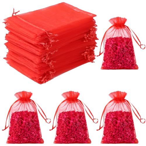 Image of Hopttreely 50pcs Organza Gift Bags, Red Jewelry Gift Bags, 4x6inch Wedding Favor Bags with Drawstring, Small Mesh Gift Pouches Mini Candy Bags for Valentienes Party