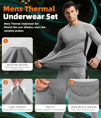 Image of Mens Thermal Underwear Long Johns Set Cold Weather Hunting Base Layer | Fleece lined top & bottom. Moisture wicking, 4-way stretch. Ultimate warm winter gear for skiing, work & outdoor sports