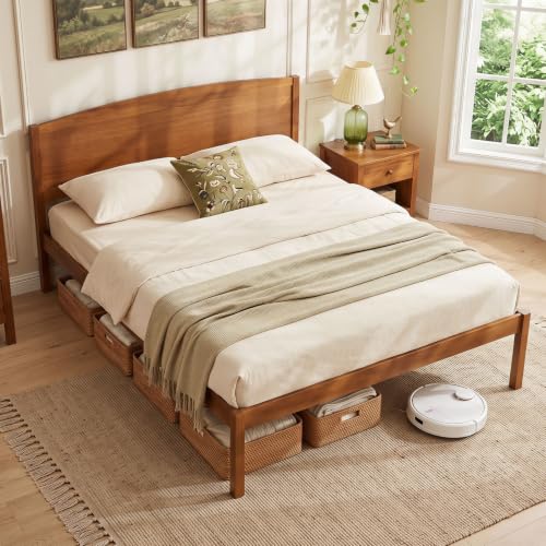 Image of GIANTEX Queen Size Wooden Bed Frame w /Curved Headboard, Wood Slat Support | Farmhouse Platform Bed w /Heavy Duty Mattress Foundation, Under-Bed Storage Space, No Box Spring Needed, Easy Assembly
