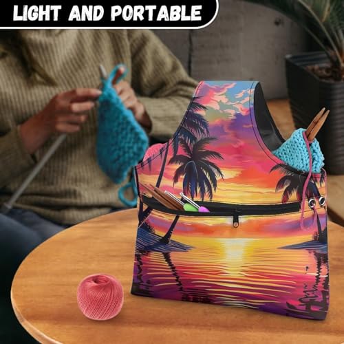 Image of Tropical Knitting Bag Yarn Storage Organzier Portable Yarn Bag for Crocheting on the Go Palm Leaf Yarn Storage Shelves,Large