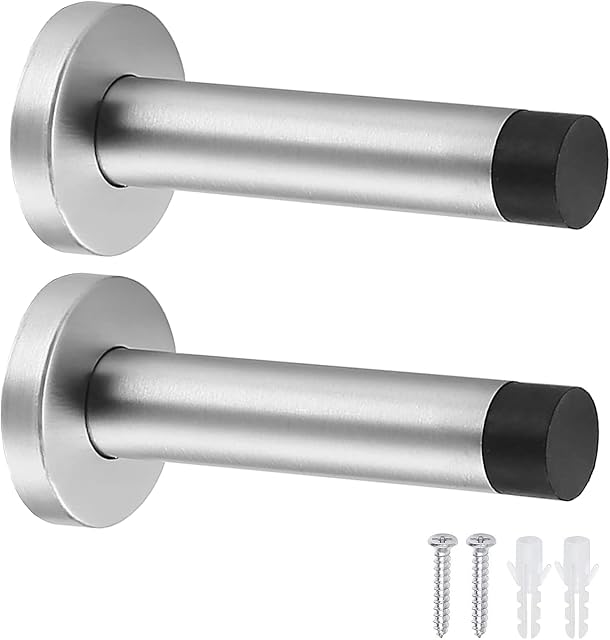 KVELEE  Pack of 2 Door Stop, Heavy Duty Stainless Steel Wall Mounted Door Stopper with Rubber Buffer for Sound Dampening, Stoppers with Mounting Screws and Anchors