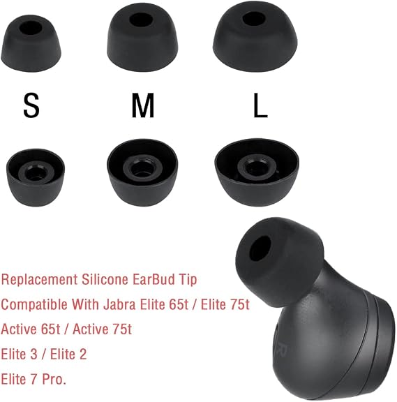 6 Pairs Replacement Silicone Tips for Jabra Elite 65t/75t/7 Pro Active 3/2 Eartips S/M/L Black