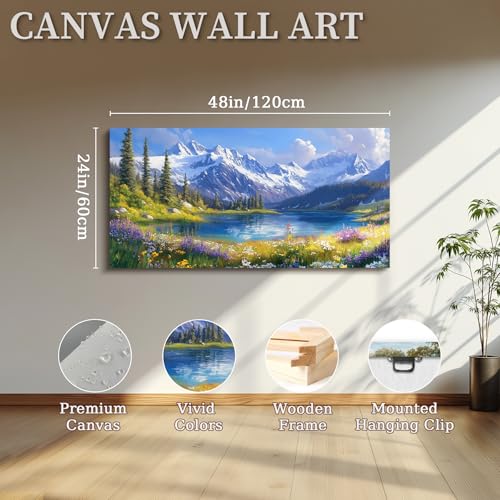 crmotu Mountain Lake Wall Art, Natural Landscape Large Wall Decor, Forest Meadow Wildflower Canvas Prints, Country Charm Pictures for Living Room Bedroom Kitchen, Rustic Farmhouse Decor 24x48 Inch