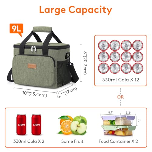 Image of Lifewit Medium Lunch Bag, Insulated Lunch Box, Soft Cooler Cooling Tote for Adult Men Women, Dark Green 12-Can (9L)