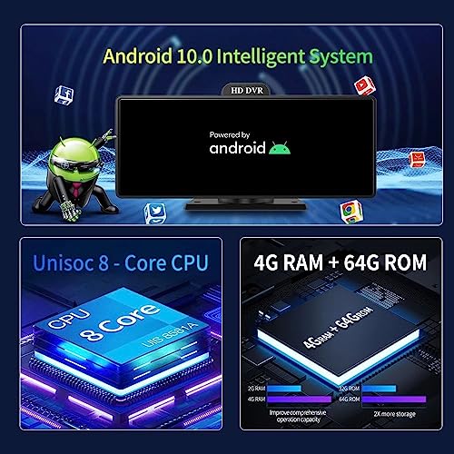 Image of Dash Camera for Car with 10.26 inch Touch Screen | Dual 1080P Front & Rear Cameras | 4+64GB | Android 10.0 | GPS | 4G Sim Connectivity | Bluetooth |ADAS | Live Remote Monitoring App dashcam
