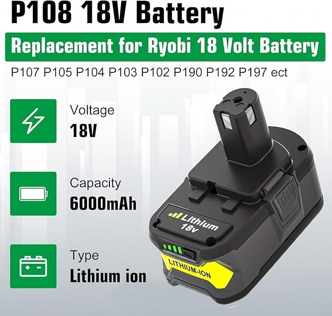 Miniatura 2 de Paquete de 2 baterías de repuesto de 6000 mAh P108 para Ryobi 18 V batería y cargador compatible con batería de litio Ryobi de 18 voltios P108 P107