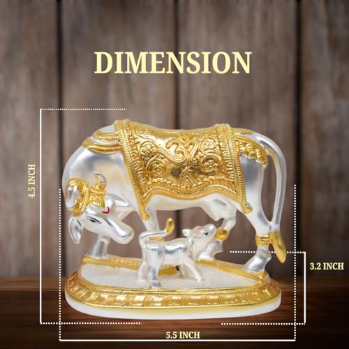 Image of Gold Art India Kamdhenu Cow with Calf Idol Gold Silver Plated with Matte Finish | Home Decor Gaay Bachda Cow |Calf for Vastu | Positive Energy | Wealth Idol Diwali Puja