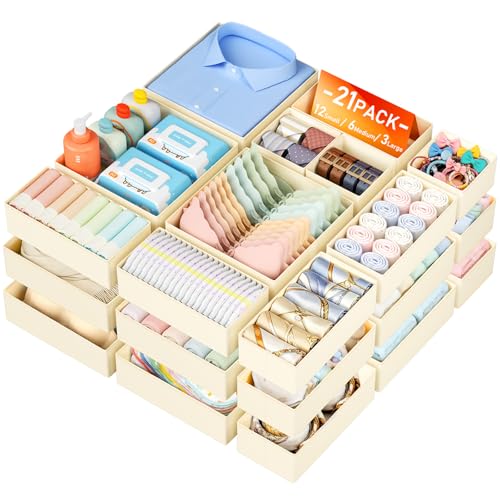 DIMJ Organizador Cajones   21 Cajas Almacenaje Plegables de Tela Para Guardar Ropa, Organizadores de Cajones No Tejidos, Calcetines, Ropa Interior, Beige