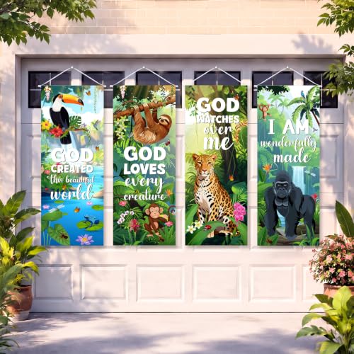 Image of Panelee 4 Pcs Rainforest Falls Porch Banner Sunday School 2026 VBS Decoration Jungle Forest Religious Bible Verse Hanging Backdrop for Tropical Church Classroom Wall Indoor Outdoor Decor