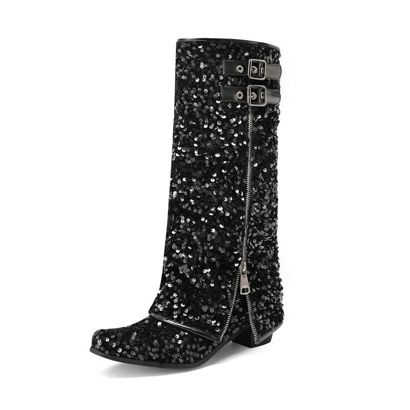 Sparkly Knee High Boots for Women Sequin Fold Over Boots with Side Zipper Party Prom Glitter Boot Chunky