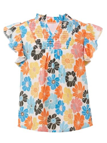 Image of Haloumoning Girls Ruffle Short Sleeve Floral Chiffon Blouses Kids Summer Shirts Tops 5-14 Years